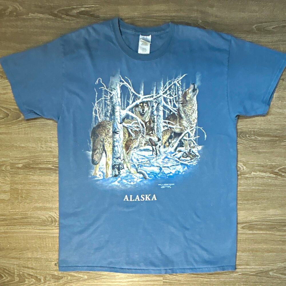 Vintage Alaska Wolves Graphic Cotton Crew Neck Short Sleeve T-Shirt L unisex